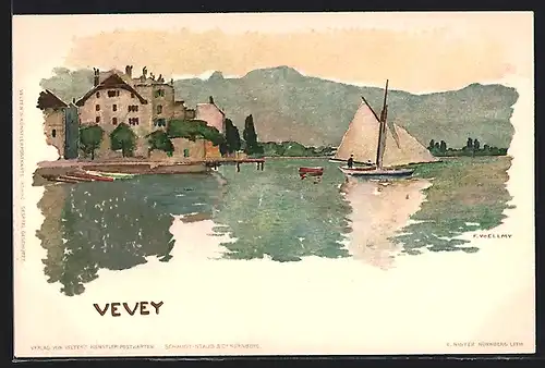 Künstler-Lithographie Fritz Voellmy: Vevey, Bootspartie bei dem Ort