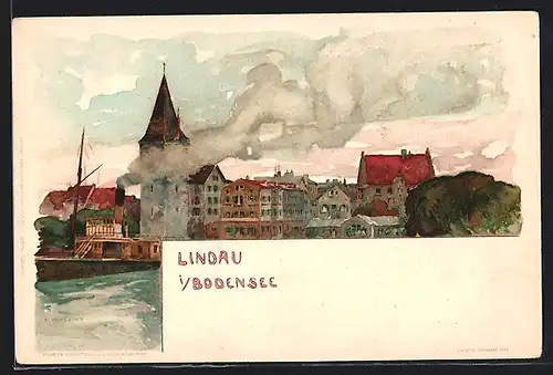 Künstler-AK Fritz Voellmy: Lindau, Ortsansicht, Dampfer