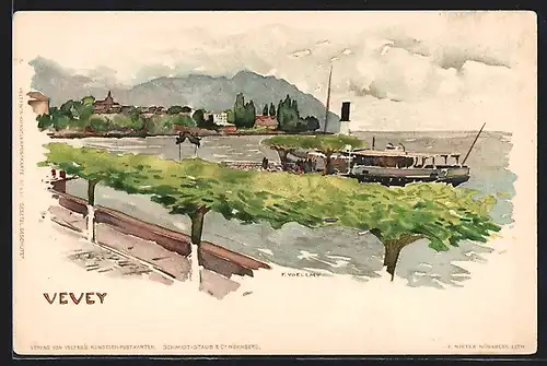 Künstler-AK Vevey, Blick über das Wasser zum Ort