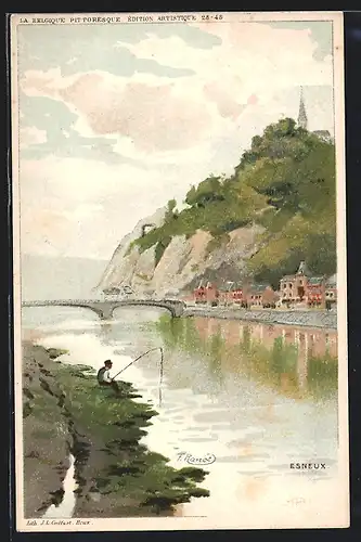 Künstler-AK Esneux, Ortsansicht mit Flussbrücke