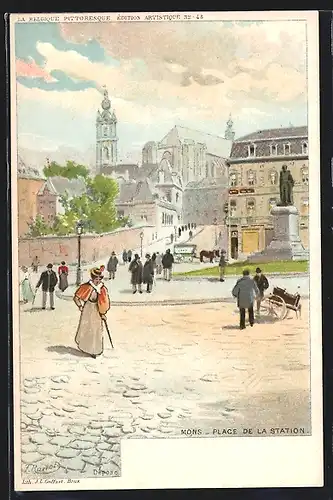 Künstler-Lithographie F. Ranot: Mons, Place de la Station, Bahnhofsplatz