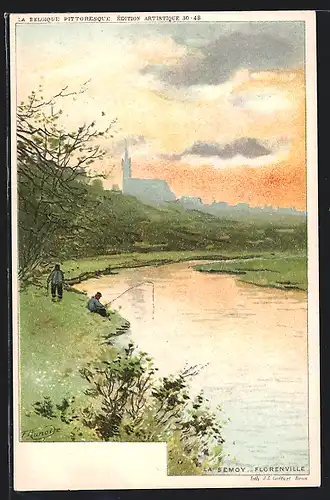 Künstler-Lithographie F. Ranot: Florenville, La Semoy, Partie mit Anglern