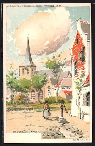 Künstler-AK Dilbeek, L`Eglise, Strassenpartie an der Kirche
