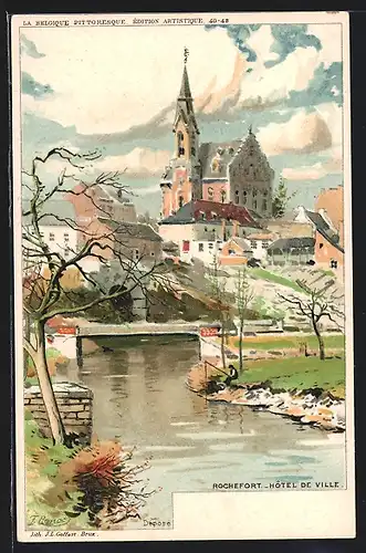 Künstler-AK F. Ranot: Rochefort, Hôtel de Ville, Ort mit Kirche und Flusspartie