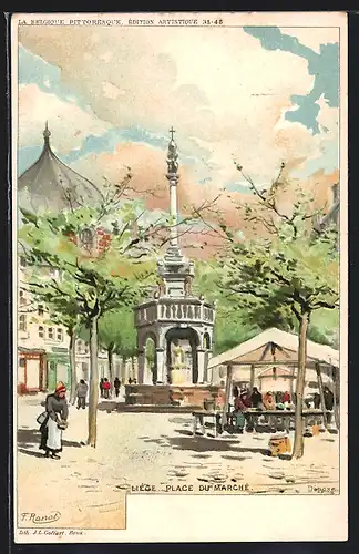 Künstler-Lithographie F. Ranot: Liège / Lüttich, Place du Marche, Marktplatz