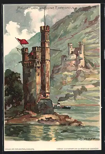 Künstler-Lithographie C. Pfaff: Mäuseturm und Ruine Ehrenfeld