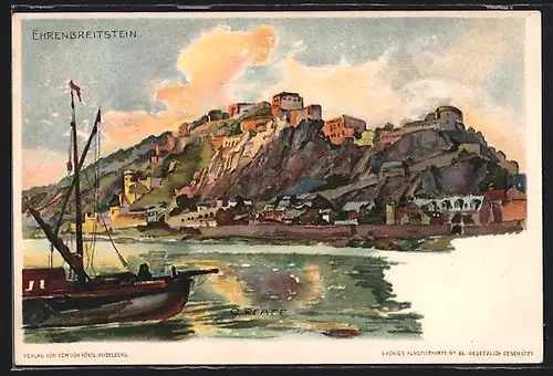 Künstler-Lithographie C. Pfaff: Ehrenbreitstein, Ortsansicht