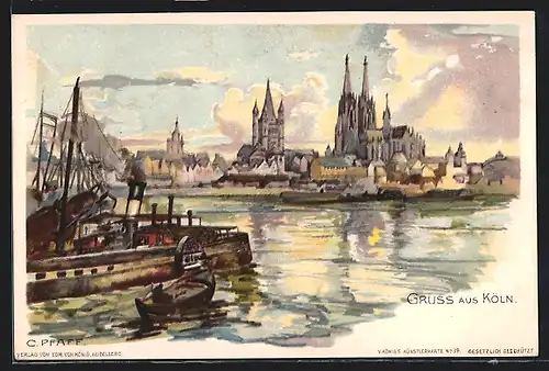 Künstler-AK C. Pfaff: Köln, Altstadt vom Rhein aus