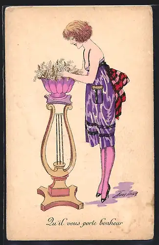 Künstler-AK Xavier Sager: Elegante Dame mit Blumen