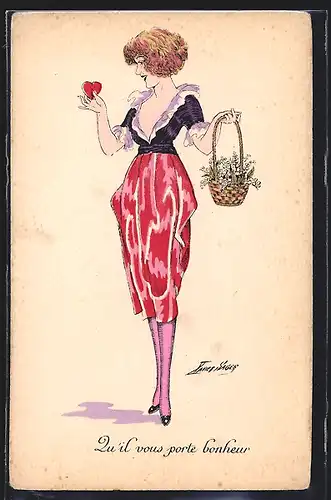 Künstler-AK Xavier Sager: Dame mit Herz und Blumenkorb