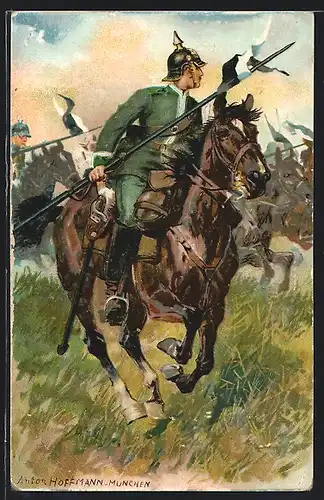 Künstler-AK Anton Hoffmann - München: Kavalleriesoldat zu Pferd mit Lanze