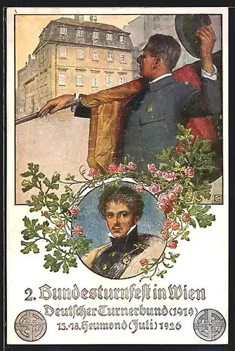 Künstler-AK Wien, Bundesturnfest 1926, Festpostkarte - Grüssender Flaggenträger mit Strasse, Portrait Theodor Körner