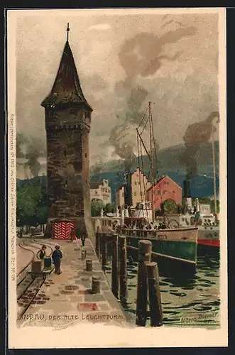 Künstler-AK Zeno Diemer: Lindau, Der alte Leuchtturm mit Dampfer