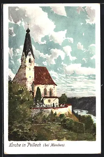 Künstler-AK Pullach /München, Blick auf die Kirche