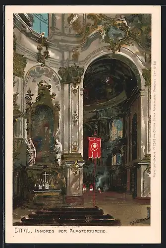 Künstler-AK Zeno Diemer: Ettal, Innenansicht der Klosterkirche