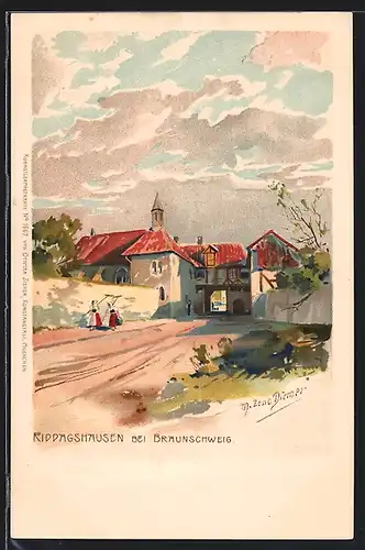 Künstler-AK Zeno Diemer: Riddagshausen, Strassenpartie am Ortseingang