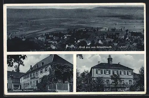 AK Gössenreuth, Gasthaus Hartmann, Schule, Ortsansicht