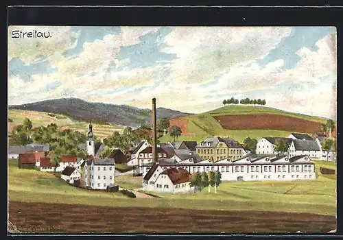 Künstler-AK Streitau, Panorama mit Fabrik