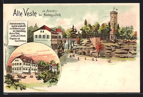 Lithographie Alte Veste b. Nürnberg, Gasthaus, Burgruine und Aussichtsturm