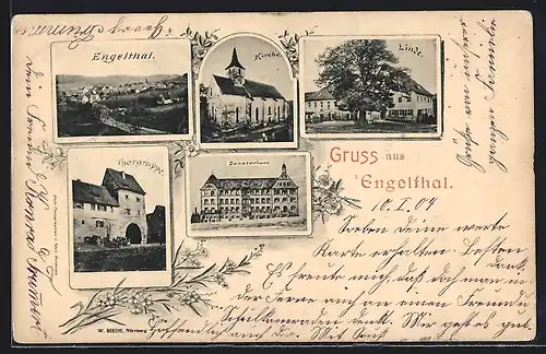 AK Engelthal, Totalansicht, Kirche, Linde, Sanatorium & Thorgruppe