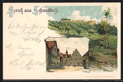 Lithographie Schnaittach, Strassenpartie im Ortskern, Blick zur Ruine Rothenberg