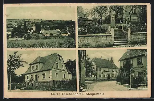 AK Markt Taschendorf i. Steigerwald, Strassenpartie mit Melberei, Denkmal, Colonialwarenhandlung