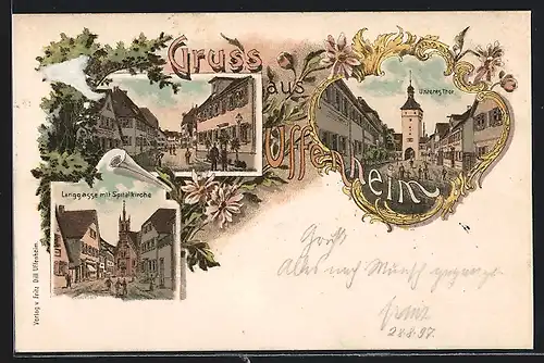 Lithographie Uffenheim, Unteres Tor und Langgasse mit Spitalkirche