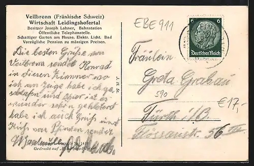 AK Veilbronn /Fränk. Schweiz, Gasthaus Leidingshofertal, Krieger-Denkmal im Leidingsbofertal