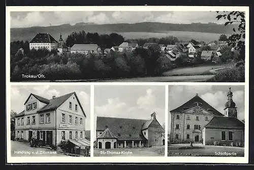 AK Trokau /Ofr., Handlung v. J. Zitzmann, St.-Thomas-Kirche und Schlosspartie