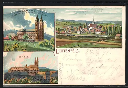 Lithographie Lichtenfels, Vierzehnheiligen päpstliche Basilika Wallfahrtskirche, Banz & Ortsansicht
