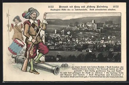 AK Kronach, Ortsansicht mit Burg und Festung Rosenberg, Landsknechte mit Kanone und Trommel