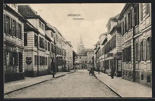 AK Ansbach, Karlsstrasse mit Geschäften und Turm