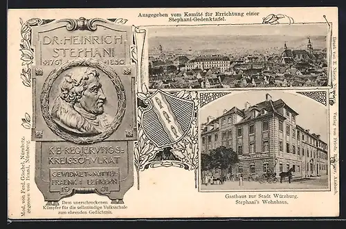 AK Ansbach, Gasthaus zur Stadt Würzburg, Stephani-Gedenktafel, Wappen, Ortsansicht