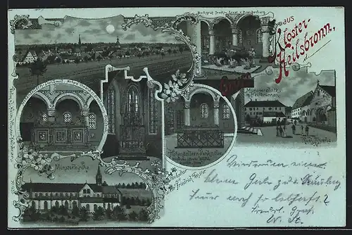 Mondschein-Lithographie Heilsbronn, Kloster-Heilsbronn, Münsterplatz, Hohenzollern-Denkmäler, Ortsansicht