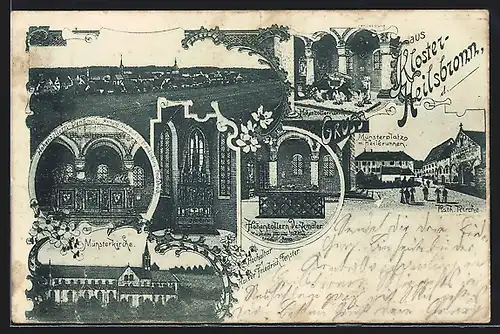 Lithographie Heilsbronn, Münsterkirche, Münsterplatz, Hohenzollern-Denkmal
