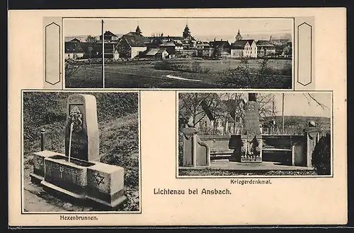 AK Lichtenau / Ansbach, Ortsansicht, Blick auf Hexenbrunnen und Kriegerdenkmal