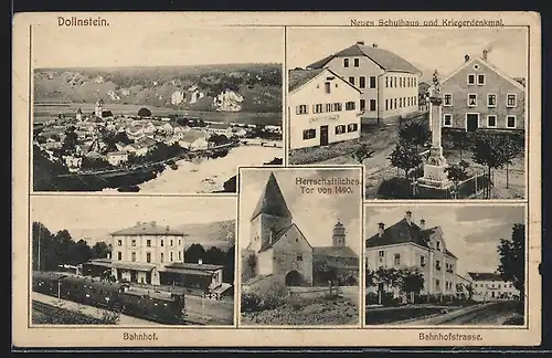 AK Dollnstein, Totalansicht, Bahnhof, Neues Schulhaus & Kriegerdenkmal, Bahnhofstrasse