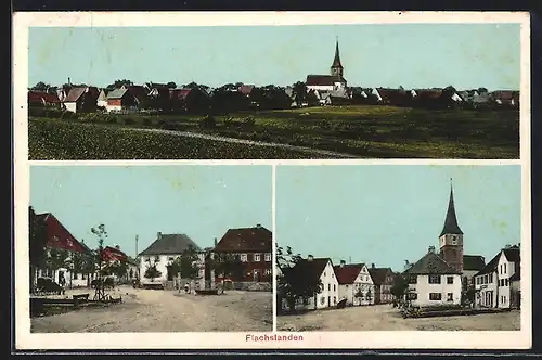 AK Flachslanden, Ortspartie mit Kirche, Ortspanorama mit Feldern