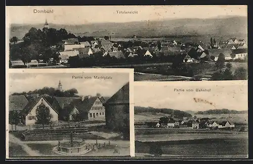 AK Dombühl, Partie vom Marktplatz, Teilansicht vom Bahnhof, Totalansicht