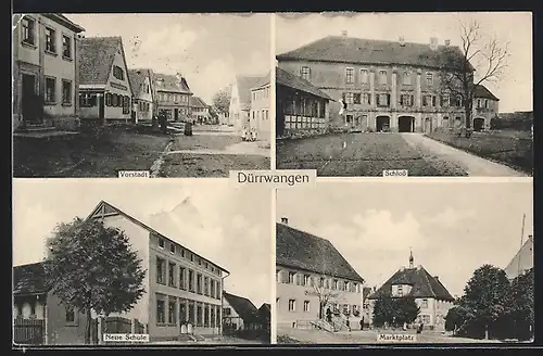 AK Dürrwangen, Vorstadt mit Schloss, Neuer Schule und Marktplatz