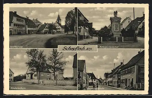 AK Schopfloch / Mfr., Marktplatz, Kinderschule, Kriegerdenkmal, Bahnhofstrasse