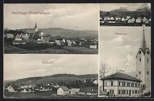 AK Hechlingen, Ortsansicht mit Kirche und Ruine, Pfarrhaus