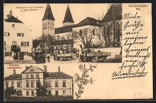 AK Heidenheim /Mfr., Marktplatz mit Postamt u. prot. Kirche, Distriktskrankenhaus