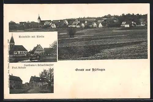 AK Hüssingen, Meierhöfe mit Kirche, Gasthaus v. Schachlmeyer