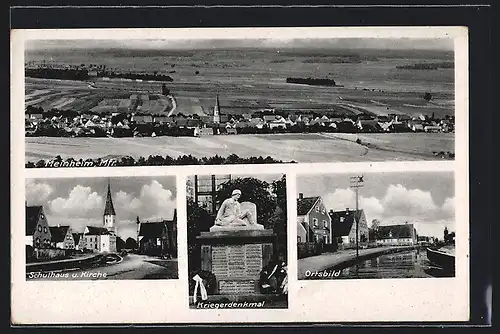 AK Meinheim, Strassenpartie mit Schulhaus und Kirche, Kriegerdenkmal