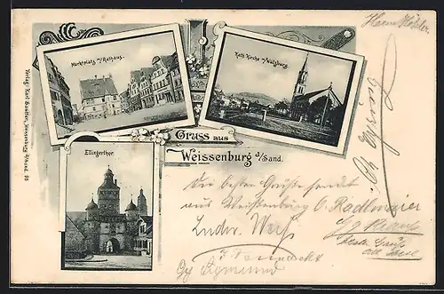 AK Weissenburg a. Sand, Marktplatz mit Rathaus, Kath. Kirche m. Wülzburg, Ellingerthor