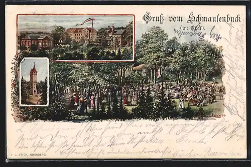 Künstler-AK Schmausenbuck bei Nürnberg, Gasthaus mit Garten, Aussichtsturm