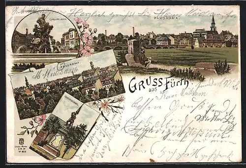 Lithographie Fürth, Kunstbrunnen, Kriegerdenkmal, Panorama um 1900