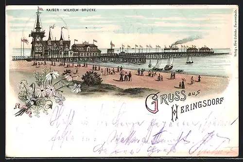 Lithographie Heringsdorf, Kaiser-Wilhelm-Brücke, vom Strand gesehen