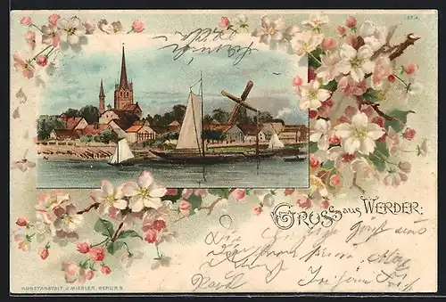 Lithographie Werder, Segelboote zwischen Apfelblüten